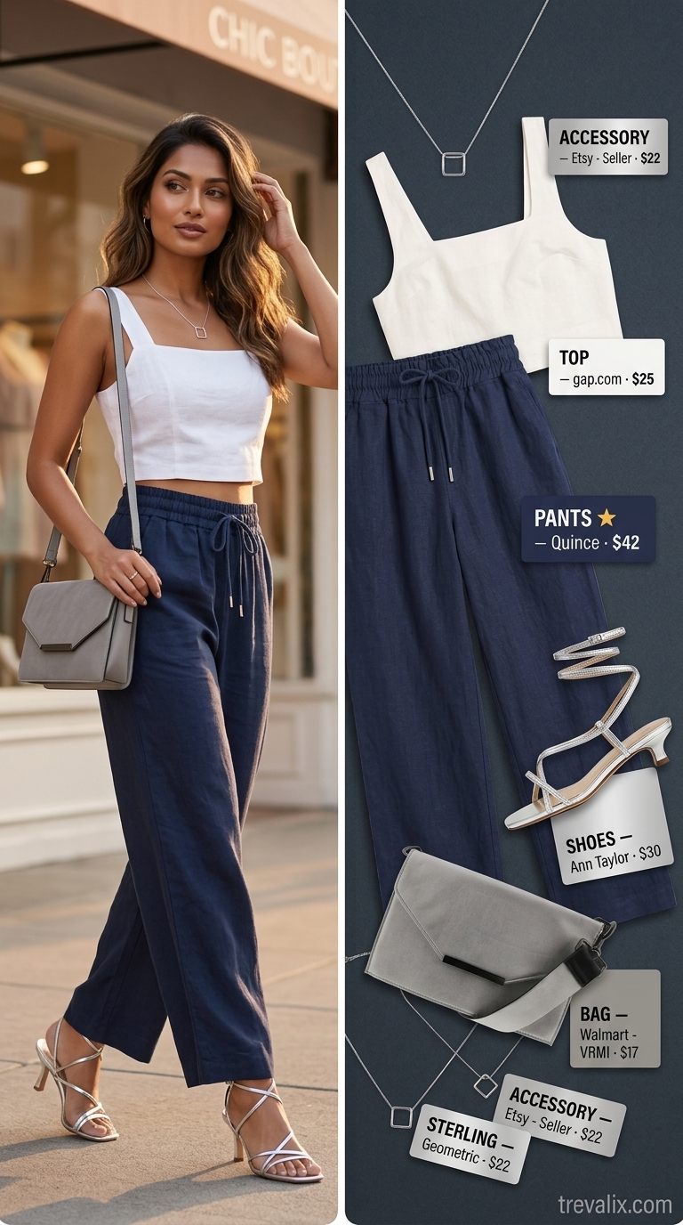 Comfy linen summer outfits for women 2026: Navy wide-leg linen pants, white cropped top, and strappy heels.