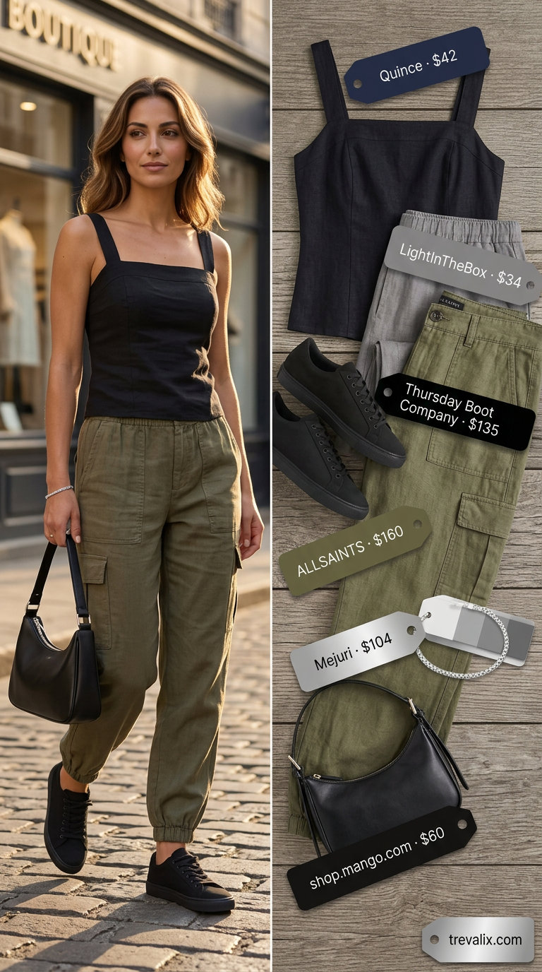 Comfy linen summer outfits for women 2026: Olive green linen cargo pants, black tank, and black sneakers.