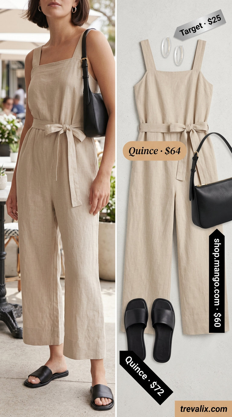 Comfy linen summer outfits for women 2026: Olive green wide-leg jumpsuit for travel or casual days.