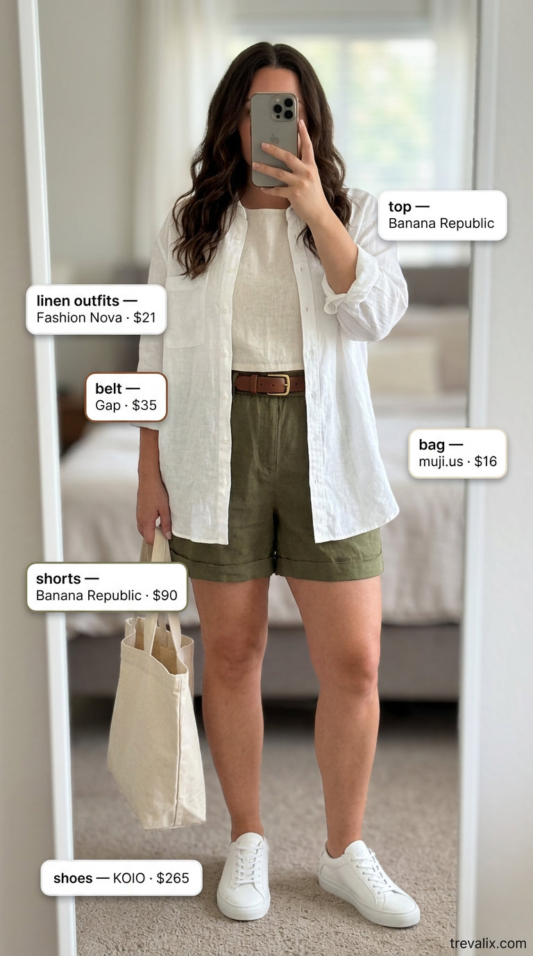 Comfy linen summer outfits for women 2026: Olive green linen shorts, white oversized shirt, tan belt, and sneakers.
