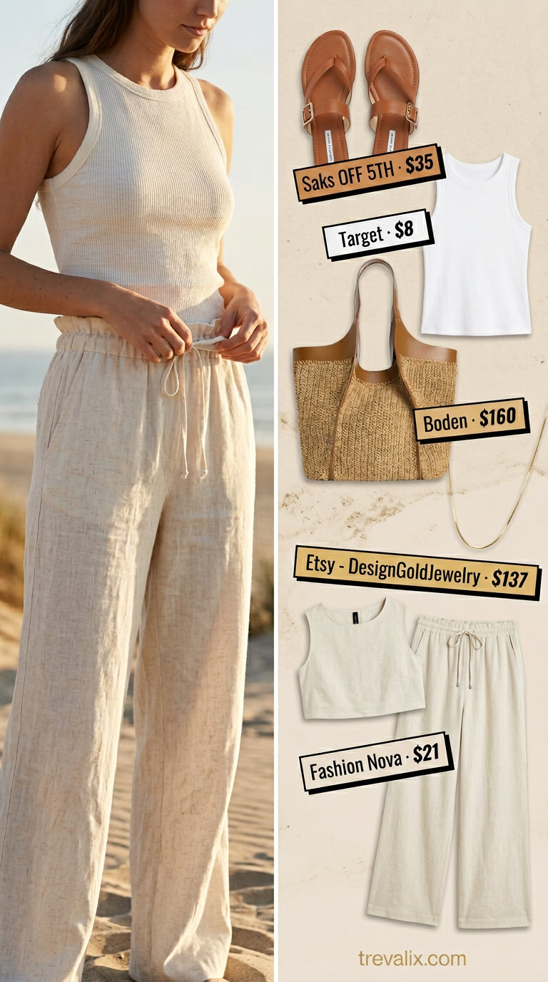 Comfy linen summer outfits for women 2026: Sand beige matching set for beach or brunch.