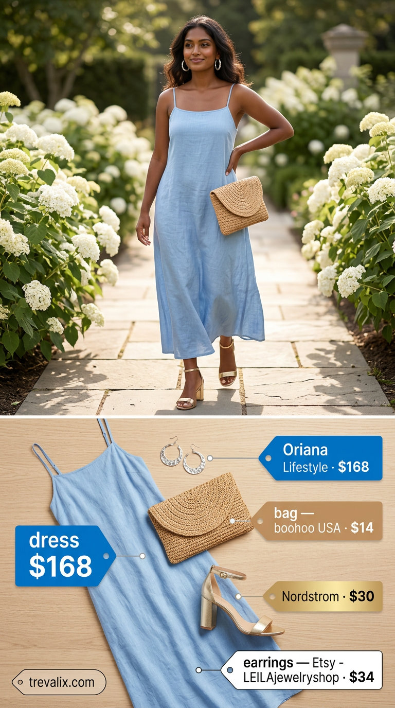 Sky blue linen maxi dress outfit for women 2026, perfect for vacation evenings.