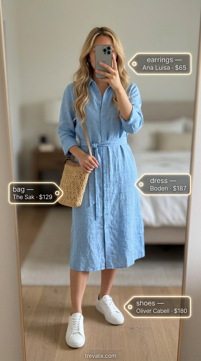 Comfy linen summer outfits for women 2026: Sky blue linen shirt dress, straw bag, and white sneakers.