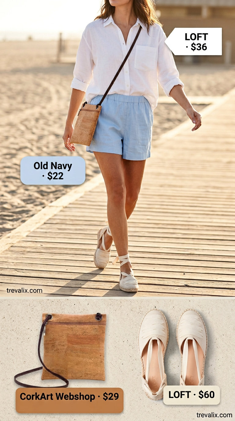 Comfy linen summer outfits for women 2026: Sky blue shorts & white oversized shirt for coastal vibes.