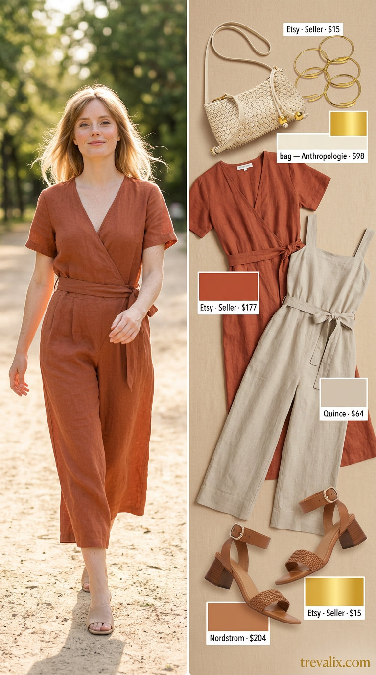Terracotta linen jumpsuit outfit for women 2026, great for daytime events.