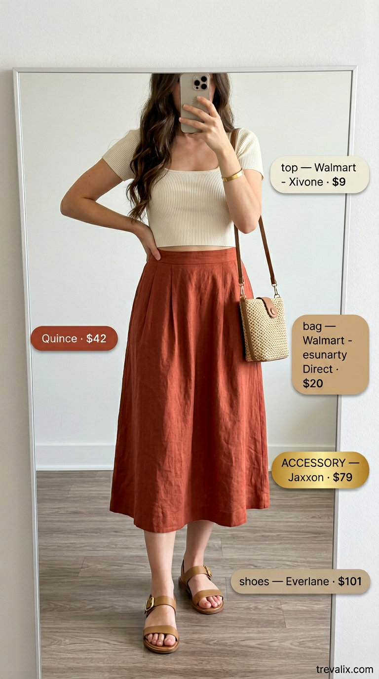 Comfy linen summer outfits for women 2026: Terracotta midi skirt & cream crop top for date night.