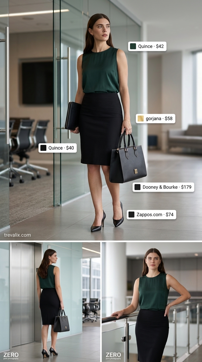 Cool Summer Work Outfits 2026: Blush & Black Sophistication Cool summer work outfits for women 2026: Blush pink silk top, black pencil skirt, and black pumps for a sophisticated presentation.