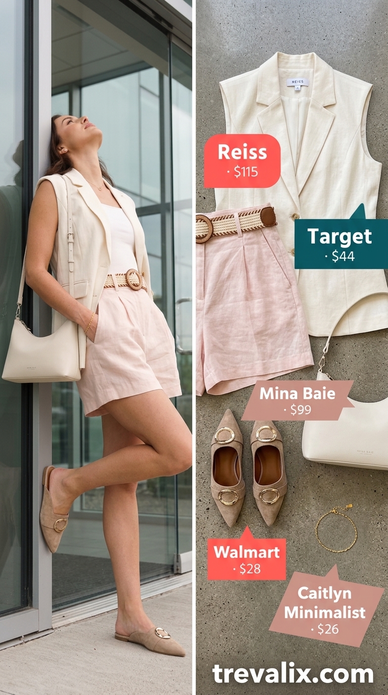 Cool Summer Work Outfits 2026: Blush Shorts & Cream Blazer Blush pink Bermuda shorts and cream blazer for cool summer work outfits for women 2026. Chic casual office style.