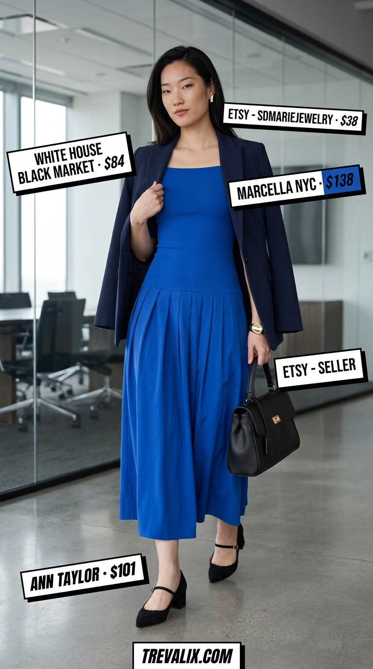 Cool Summer Work Outfits 2026: Cobalt Blue A-Line Dress Cobalt blue A-line dress and navy blazer for cool summer work outfits for women 2026. Assertive corporate style.
