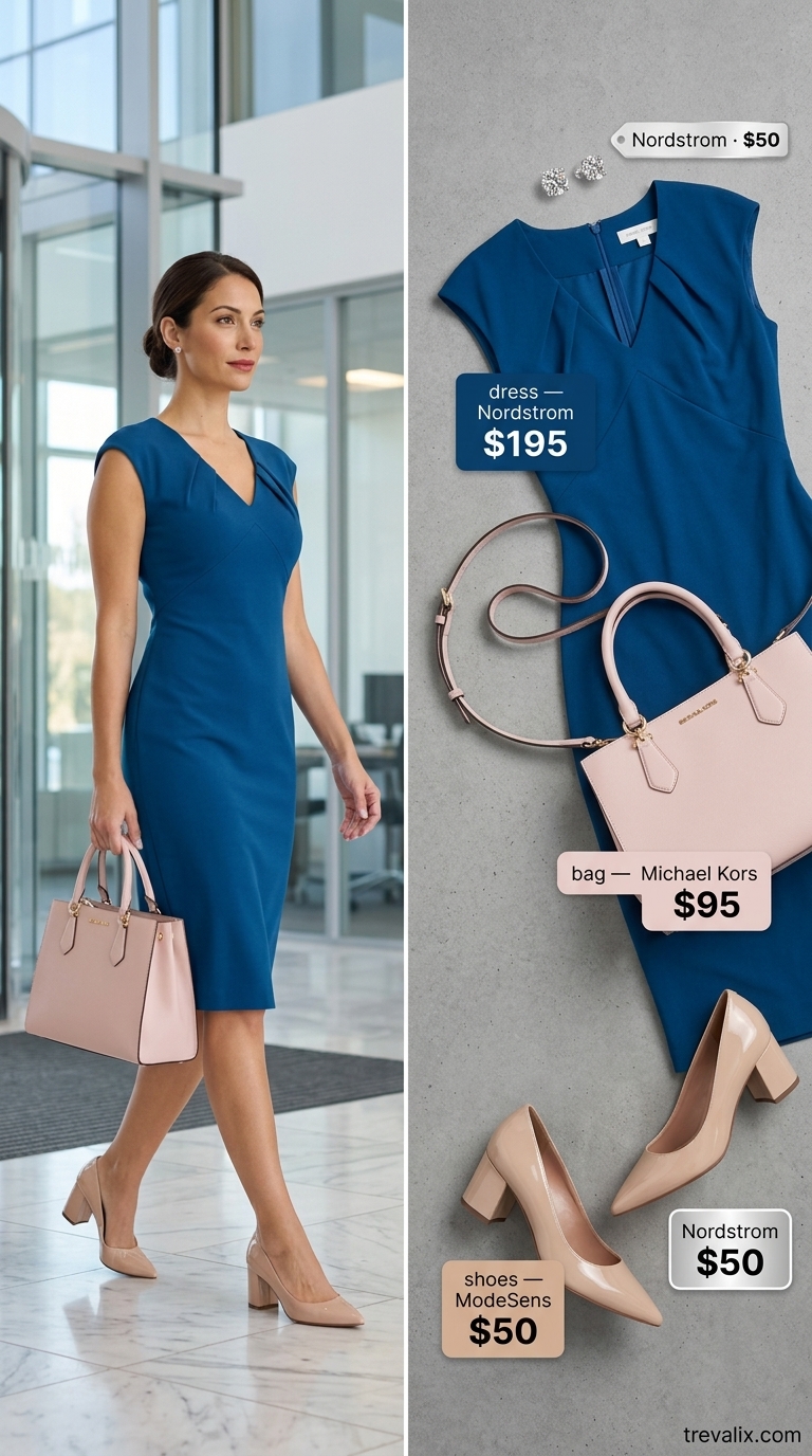 Cobalt blue sheath dress for cool summer work outfits for women 2026. Confident boardroom attire.
