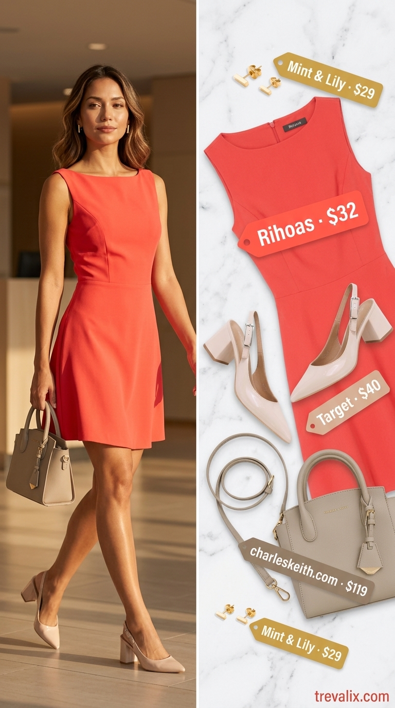 Cool Summer Work Outfits 2026: Coral Confidence Dress Cool summer work outfits for women 2026: Coral A-line dress, nude pumps, and nude top-handle bag for a confident look.