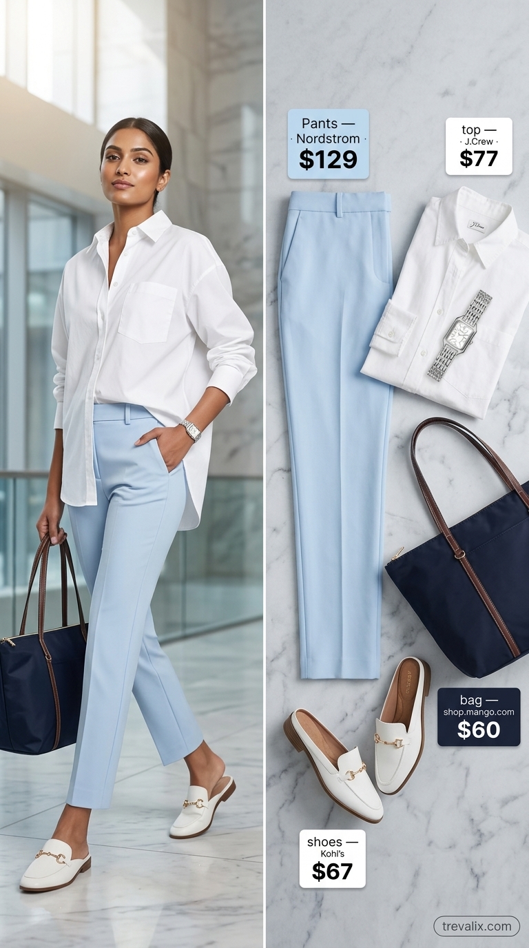 Cool Summer Work Outfits 2026: Crisp Classic Office Style Cool summer work outfits for women 2026: White button-down, light blue trousers, and white loafers for a crisp office look.
