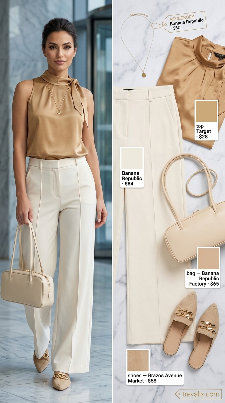 Cool Summer Work Outfits 2026: Executive Retreat Elegance Cool summer work outfits for women 2026: Cream wide-leg trousers, soft tan blouse, and cream shoulder bag for elegant office style.