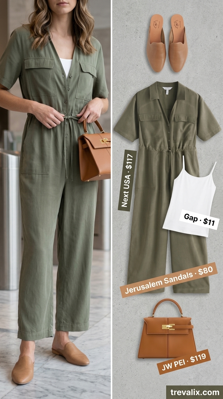 Cool Summer Work Outfits 2026: Khaki Utility Jumpsuit Khaki utility jumpsuit for cool summer work outfits for women 2026. Practical and stylish executive look.