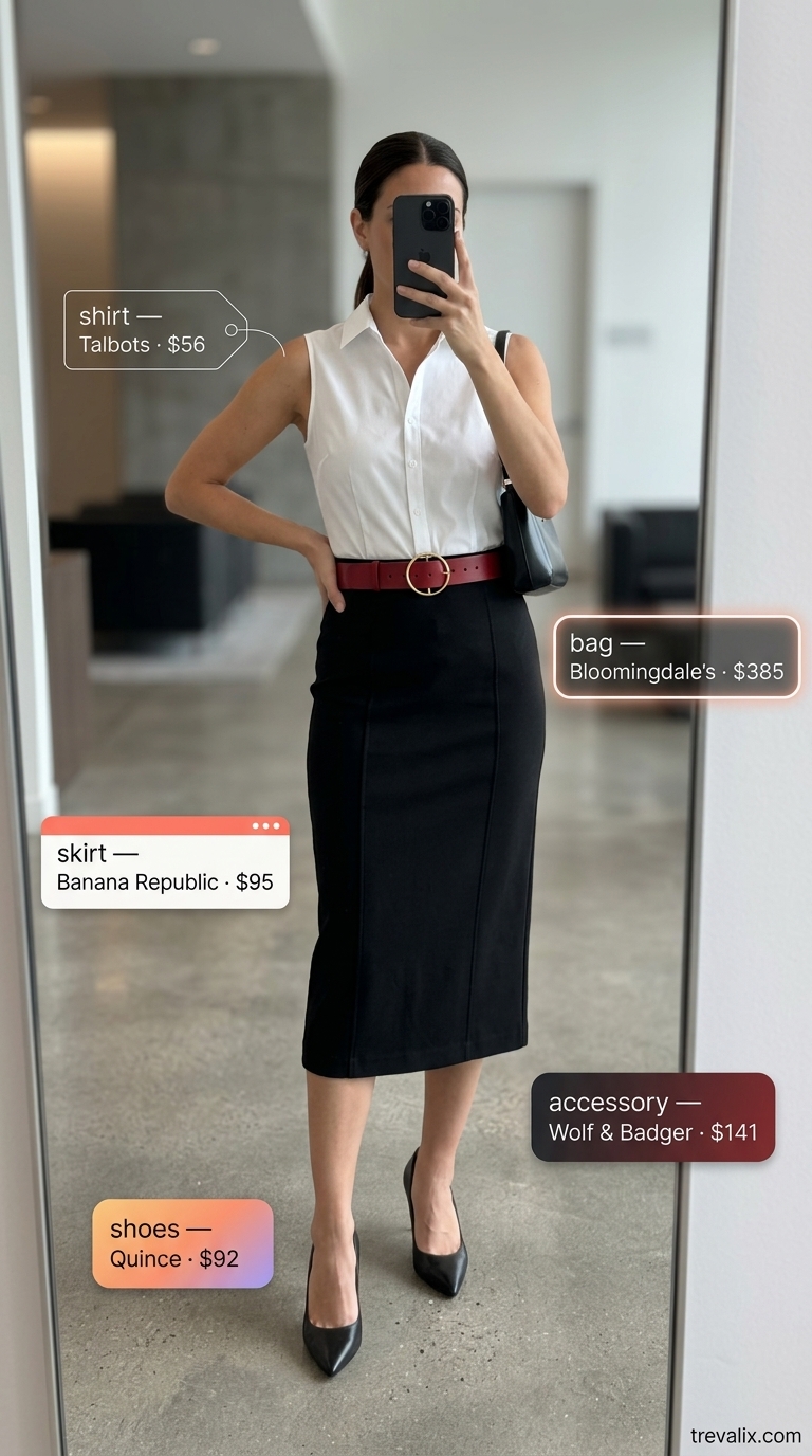 Cool Summer Work Outfits 2026: Minimalist Manager Style Cool summer work outfits for women 2026: Black pencil skirt, white sleeveless shirt, red belt, and black pumps for the office.