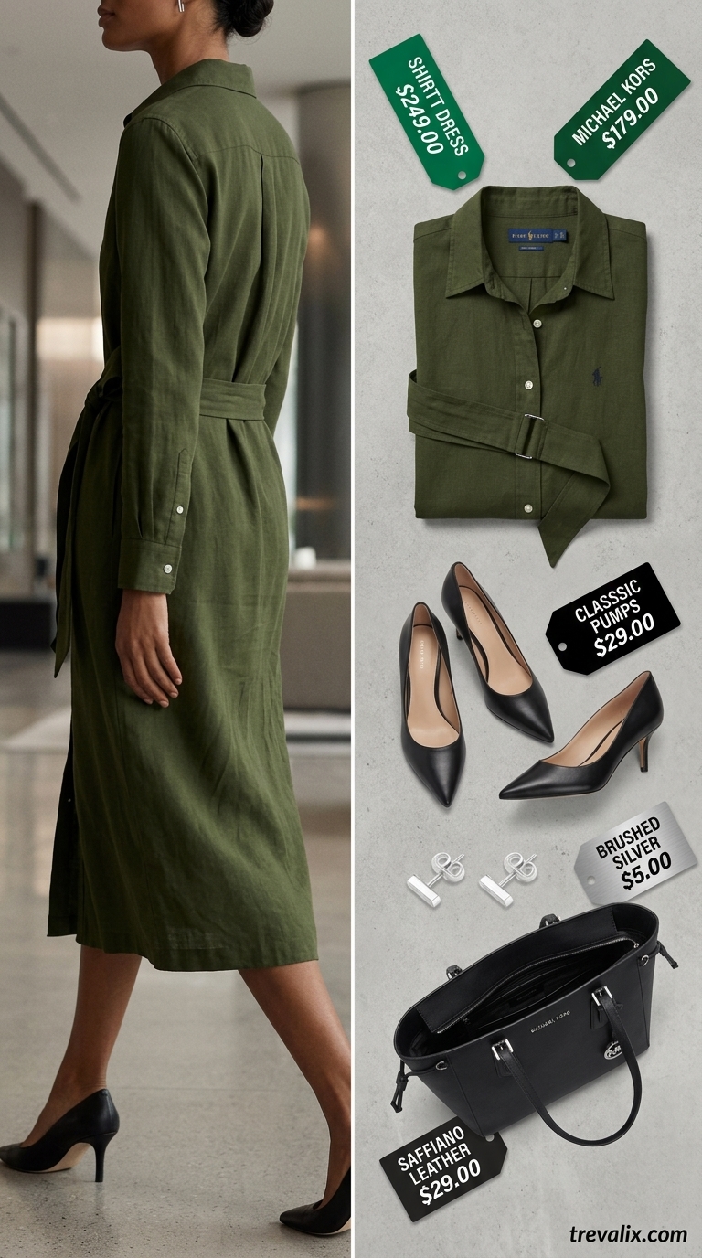Cool Summer Work Outfits 2026: Modern Minimalist Power Dress Cool summer work outfits for women 2026: Olive green shirtdress, black pumps, and black tote for a modern minimalist power look.