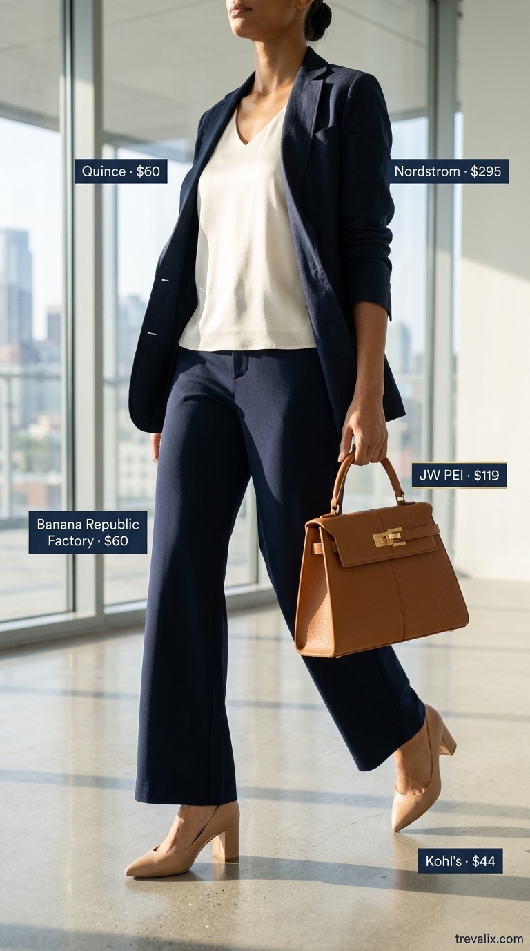 Cool Summer Work Outfits 2026: Navy Trousers & Ivory Shell Top Navy wide-leg trousers and ivory top for cool summer work outfits for women 2026. Sophisticated meeting style.