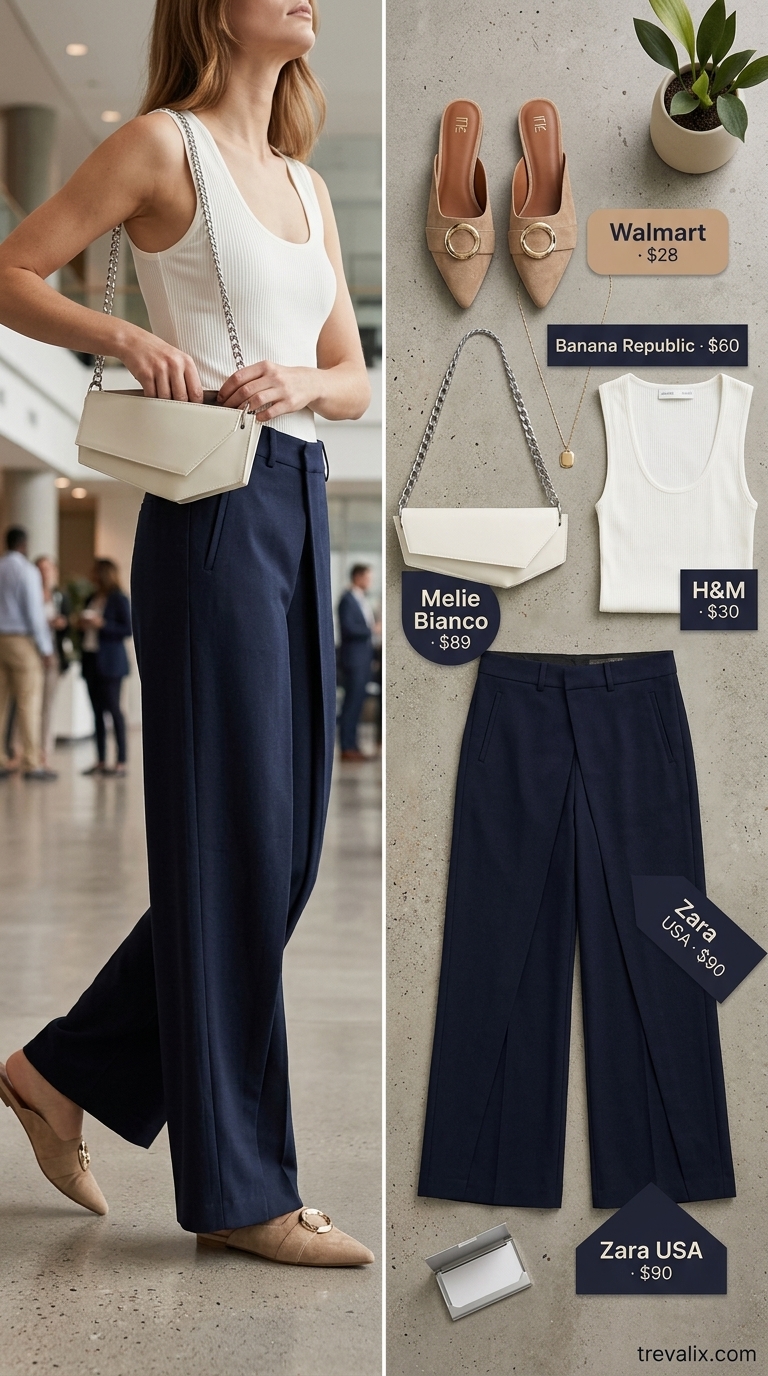 Cool Summer Work Outfits 2026: Navy Trousers & Ivory Top Navy wide-leg trousers and ivory knit top for cool summer work outfits for women 2026. Polished office style.