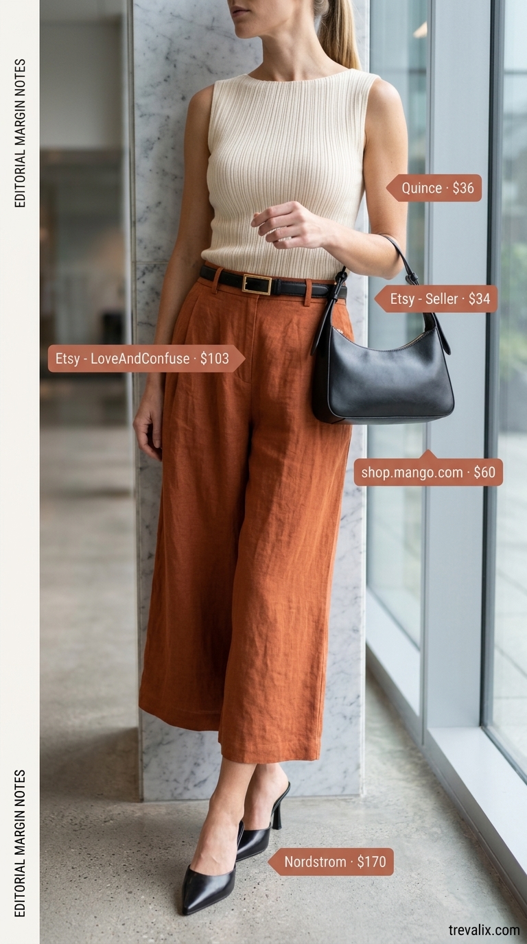 Cool Summer Work Outfits 2026: Rust Culottes & Cream Top Rust orange culottes and cream top for cool summer work outfits for women 2026. Artistic office style.