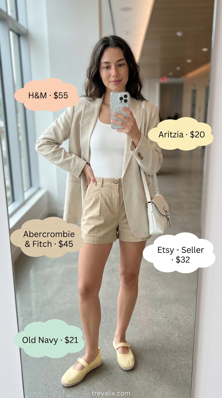 Cool Summer Work Outfits 2026: Smart Casual Blazer Look Cool summer work outfits for women 2026: Sandy beige linen blazer, pale yellow tank, white shorts, and espadrilles for a hybrid work day.