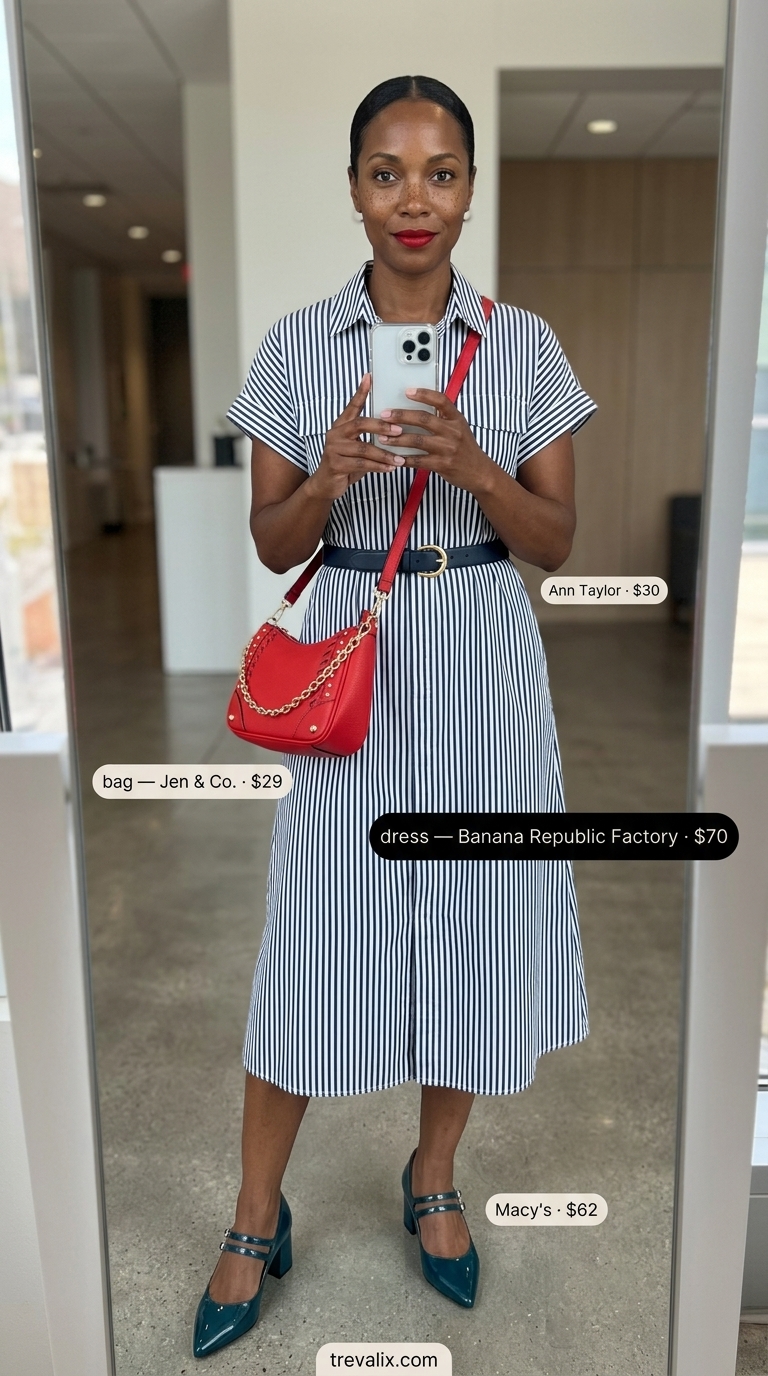 Cool Summer Work Outfits 2026: Striped Shirt Dress Navy and white striped shirt dress for cool summer work outfits for women 2026. Classic client lunch style.