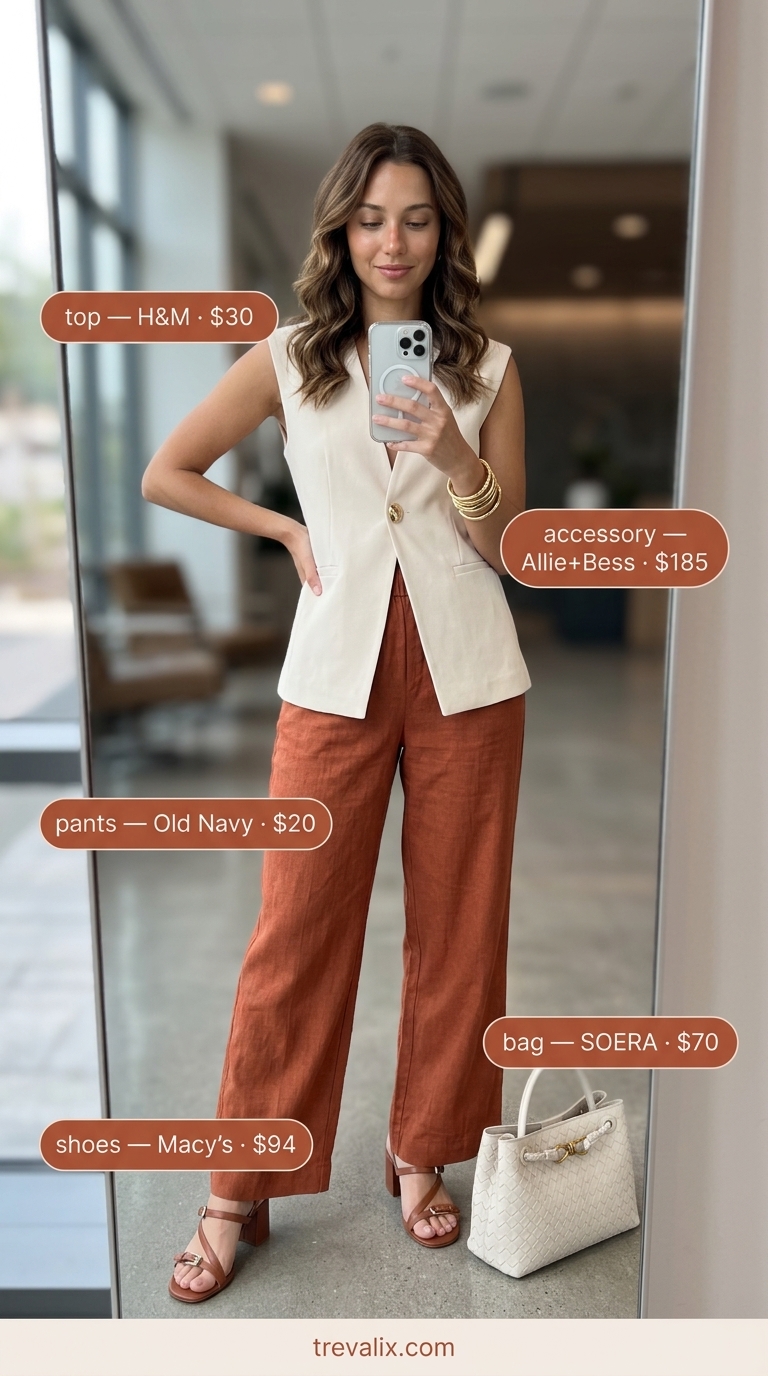 Cool Summer Work Outfits 2026: Terracotta Tailoring Style Cool summer work outfits for women 2026: Terracotta linen trousers, cream vest top, and tan sandals for a stylish office look.