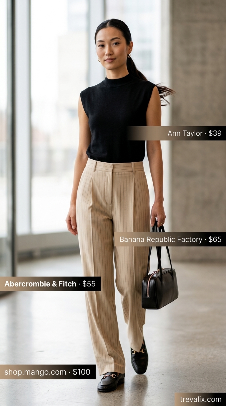Cool Summer Work Outfits 2026: Effortless Beige Cool summer work outfits for women 2026: Beige trousers, black top, loafers for everyday office.