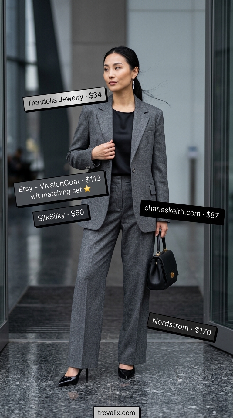Cool Summer Work Outfits 2026: Charcoal Chic Cool summer work outfits for women 2026: Charcoal gray suit, black camisole, and silver accessories for board meetings.