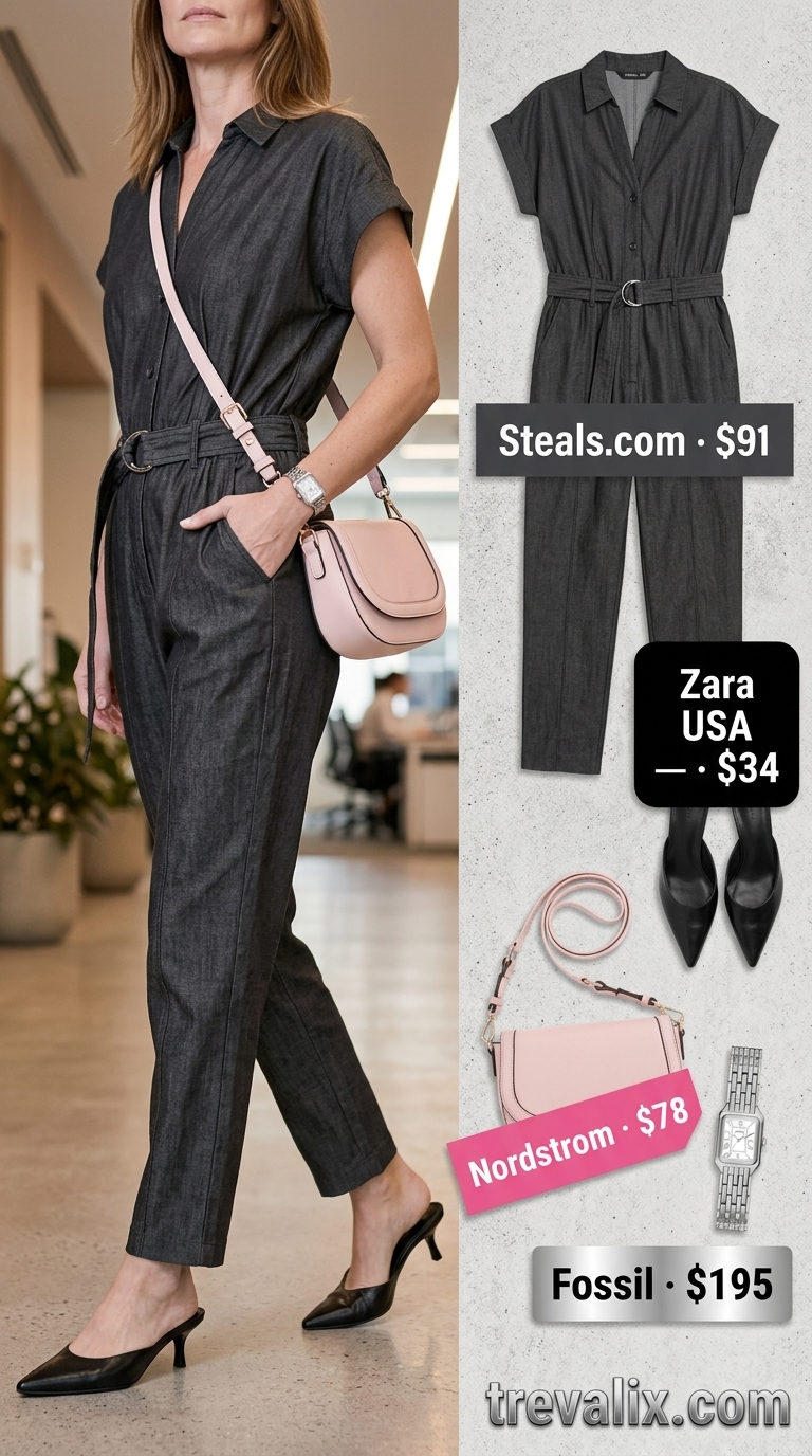 Cool Summer Work Outfits 2026: Urban Professional Cool summer work outfits for women 2026: Charcoal jumpsuit, blush bag, black mules for networking events.