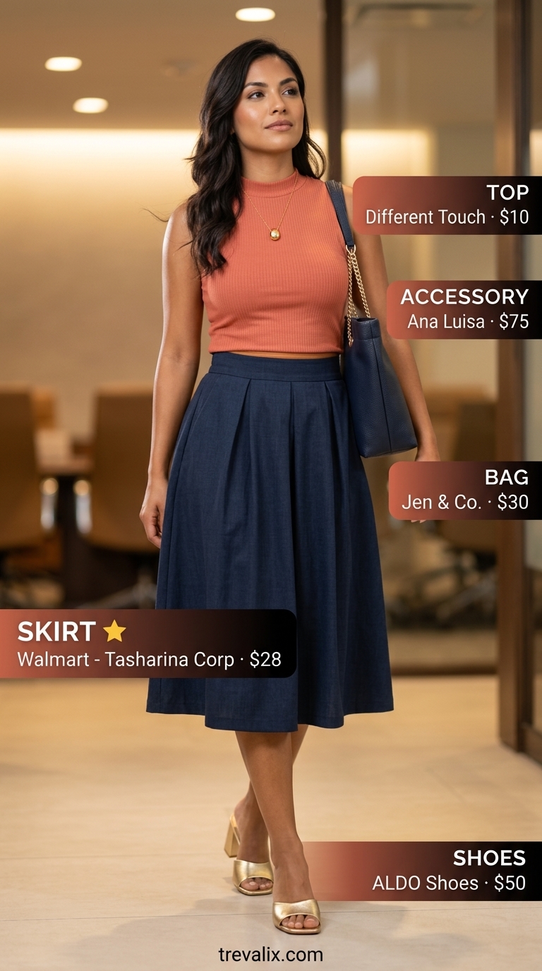 Cool Summer Work Outfits 2026: Artful Advisor Cool summer work outfits for women 2026: Coral knit top, navy skirt, gold heels for creative meetings.
