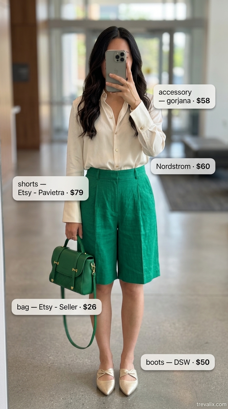 Cool Summer Work Outfits 2026: Creative Edge Cool summer work outfits for women 2026: Emerald green shorts, cream shirt, gold accessories for creative Fridays.