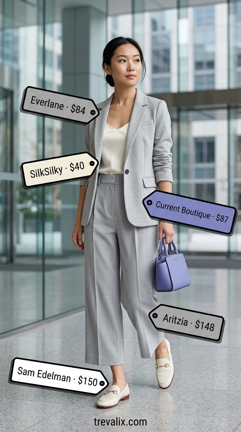 Cool Summer Work Outfits 2026: City Chic Cool summer work outfits for women 2026: Light gray trousers, lilac bag, white cami, loafers for city commute.