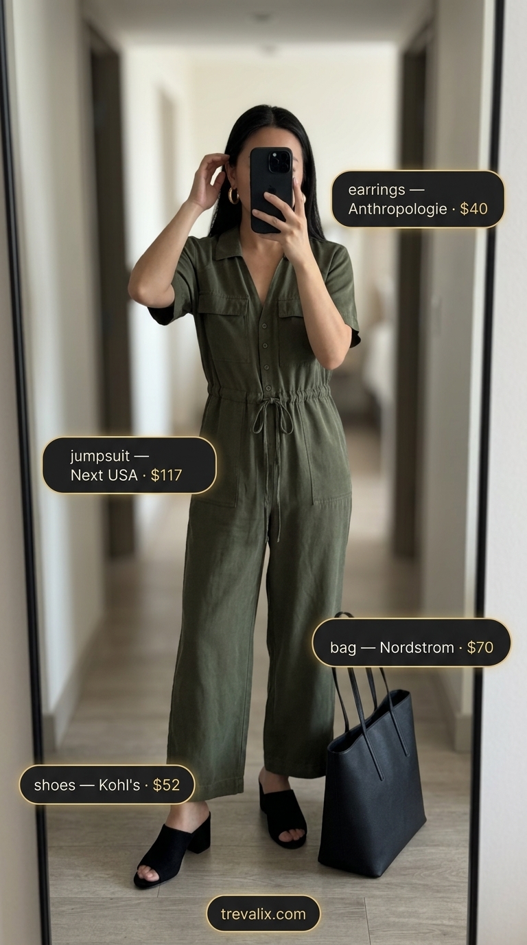 Cool Summer Work Outfits 2026: Utility-Chic Cool summer work outfits for women 2026: Olive green utility jumpsuit, black mules, and tote for busy workdays.