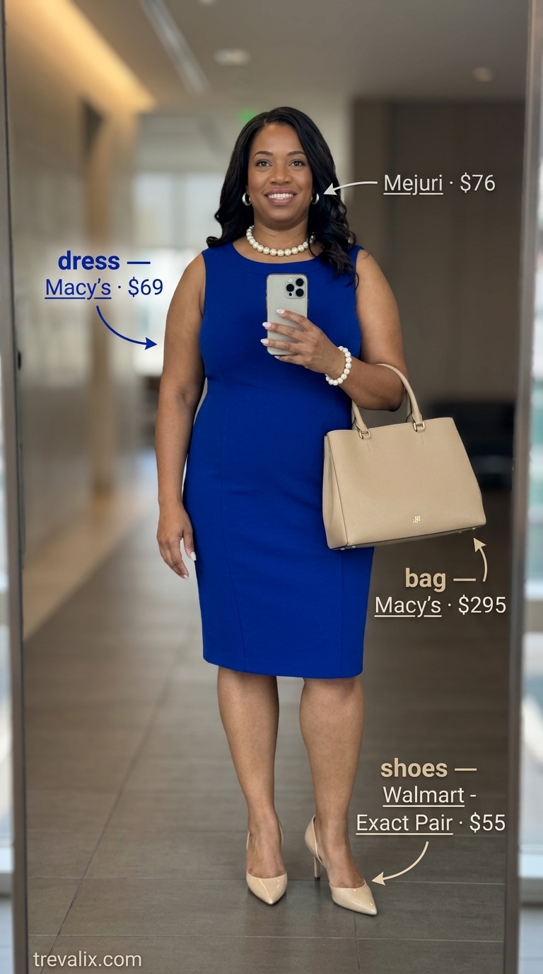 Cool Summer Work Outfits 2026: Boardroom Visionary Cool summer work outfits for women 2026: Royal blue sheath dress, nude pumps, and structured satchel for interviews.