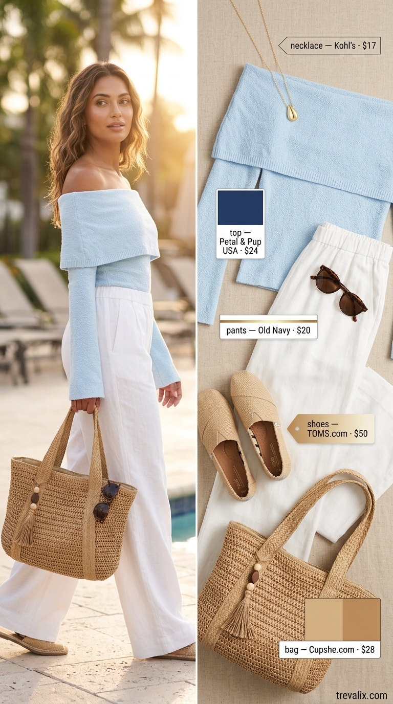 Crochet Summer Pool Party Outfits 2026: Blue Crop Top Sky blue crochet crop top outfit for crochet summer pool party outfits for women 2026. Paired with white shorts and espadrilles.