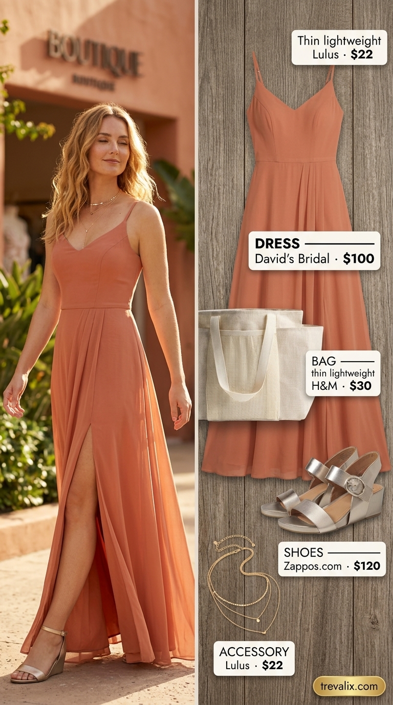 Crochet Summer Pool Party Outfits 2026: Boho Dress Boho crochet maxi dress for crochet summer pool party outfits for women 2026. Terracotta dress with gold sandals and straw clutch.