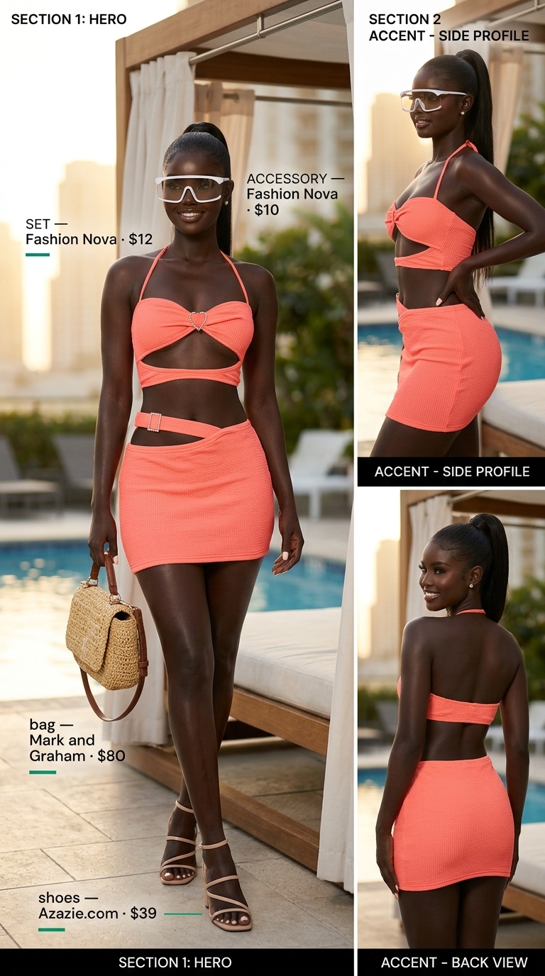 Coral Reef Co-ord: Crochet Summer Outfits for Women 2026 Coral crochet crop top and shorts set with nude sandals for crochet summer pool party outfits for women 2026.