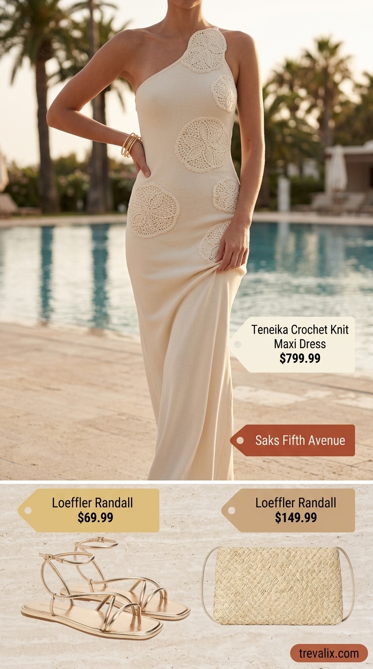 Crochet Summer Pool Party Outfits 2026: Cream Maxi Dress Cream crochet maxi dress for crochet summer pool party outfits for women 2026. Ethereal boho style with gold sandals and clutch.