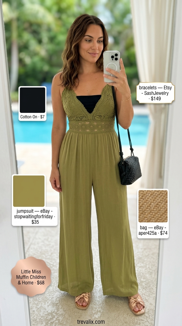 Crochet Summer Pool Party Outfits 2026: Chic Jumpsuit Olive green crochet jumpsuit for crochet summer pool party outfits for women 2026. Chic and adventurous resort wear with bronze sandals.