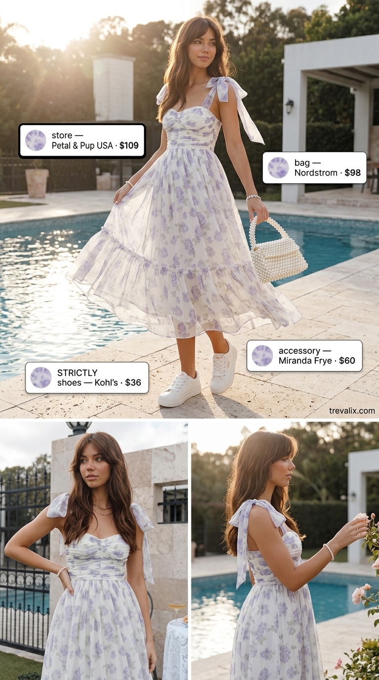 Crochet Summer Pool Party Outfits 2026: Lavender Mini Dress Lavender crochet mini dress as a cover-up for crochet summer pool party outfits for women 2026. Romantic garden party look.