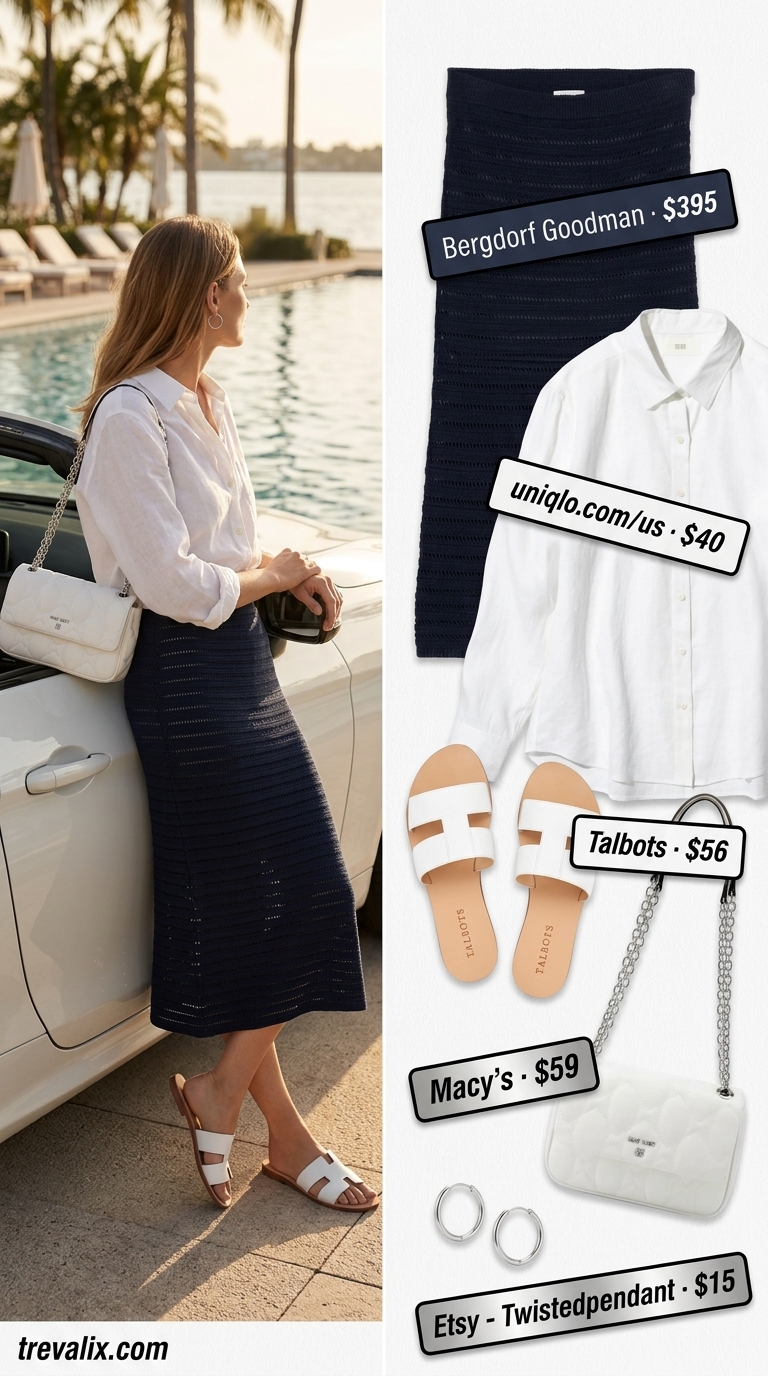 Crochet Summer Pool Party Outfits 2026: Coastal Midi Skirt Navy blue crochet midi skirt for crochet summer pool party outfits for women 2026. Sophisticated coastal look with linen shirt.