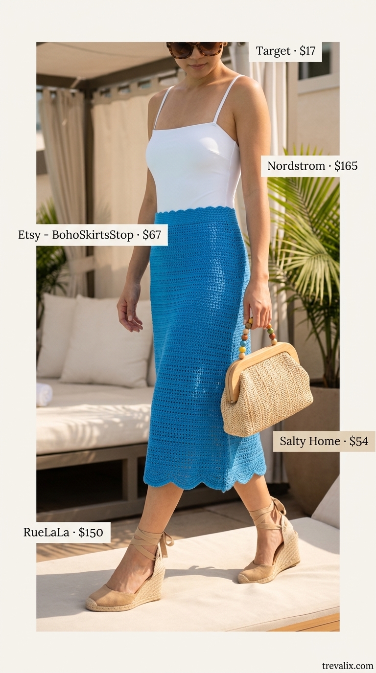 Crochet Summer Pool Party Outfits 2026: Ocean Midi Skirt Sky blue crochet midi skirt for crochet summer pool party outfits for women 2026. Fresh and sophisticated beach club look.