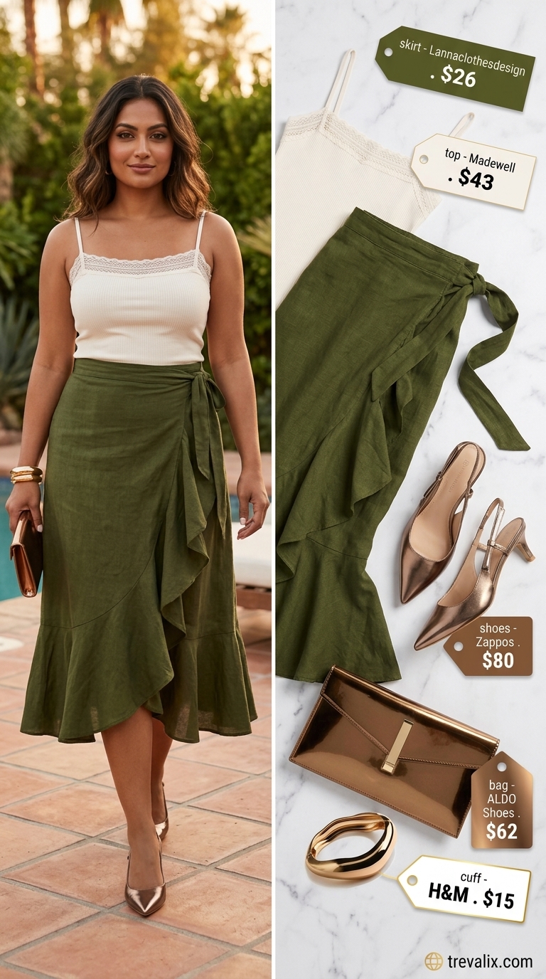 Crochet Summer Pool Party Outfits 2026: Olive Midi Skirt Olive green crochet midi skirt for crochet summer pool party outfits for women 2026. Glamorous resort lounge look with heeled sandals.