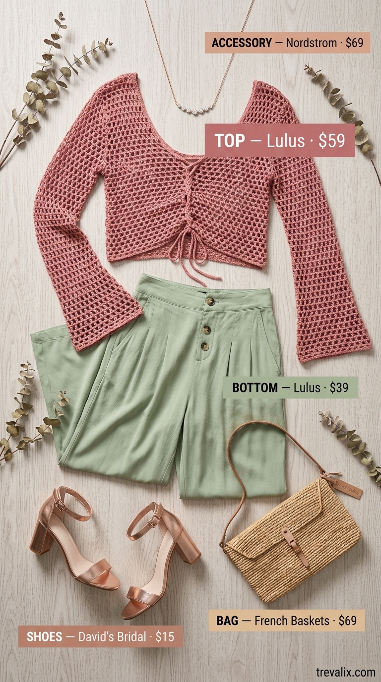 Rosy Bohemian Rhapsody: Crochet Summer Outfits for Women 2026 Dusty rose crochet halter top with sage green maxi skirt for crochet summer pool party outfits for women 2026.