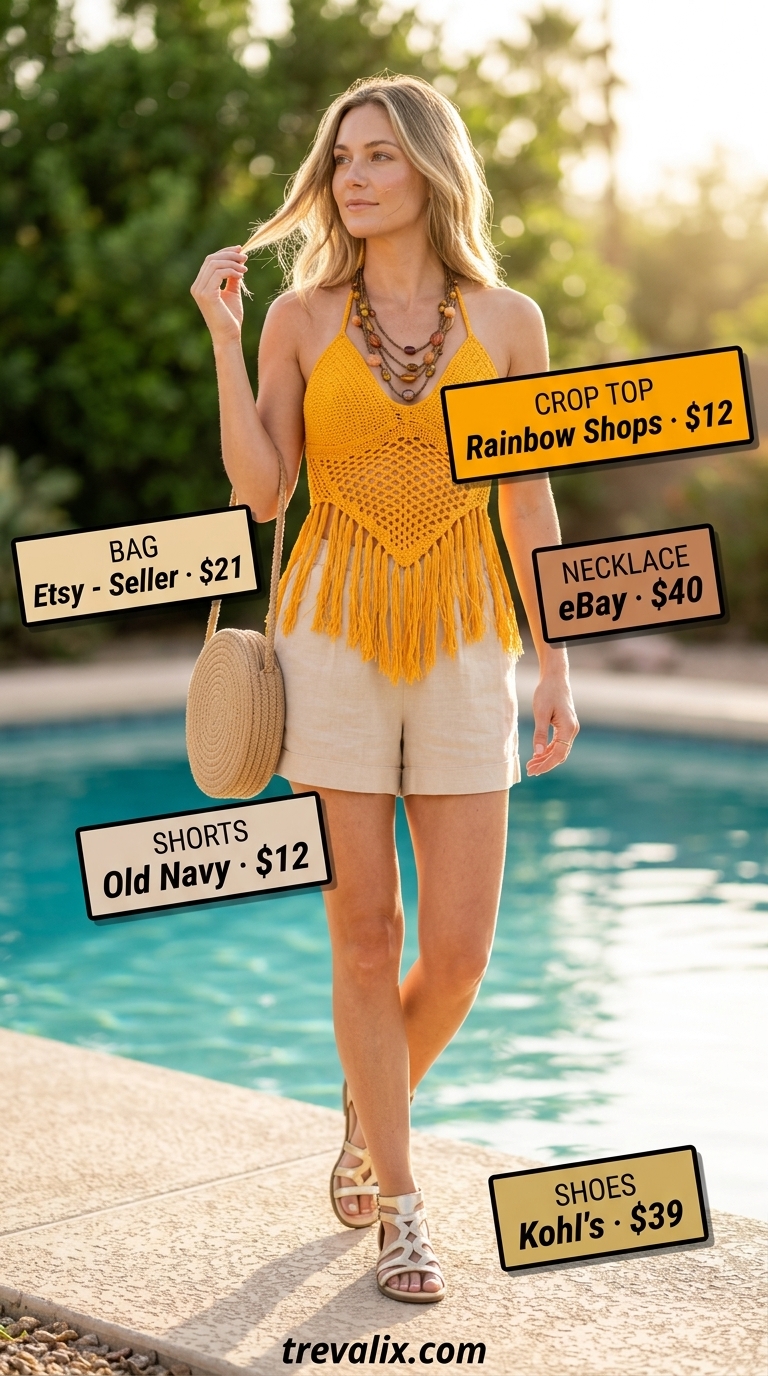 Crochet Summer Pool Party Outfits 2026: Rust Crop Top Rust orange crochet crop top outfit for crochet summer pool party outfits for women 2026. Styled with linen shorts and gladiator sandals.