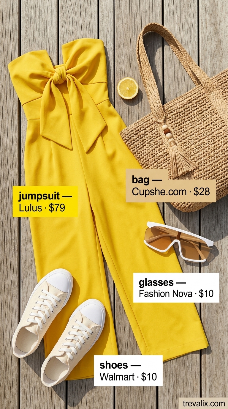 Sunny Day Jumpsuit: Crochet Summer Outfits for Women 2026 Sunny yellow crochet jumpsuit with white platform slides for crochet summer pool party outfits for women 2026.