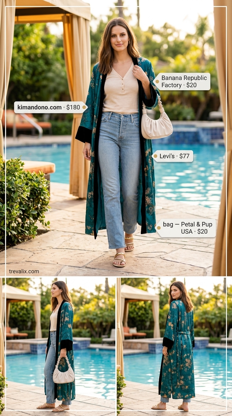 Crochet Summer Pool Party Outfits 2026: Teal Kimono Teal crochet kimono outfit for crochet summer pool party outfits for women 2026. Worn over a swimsuit with denim shorts.