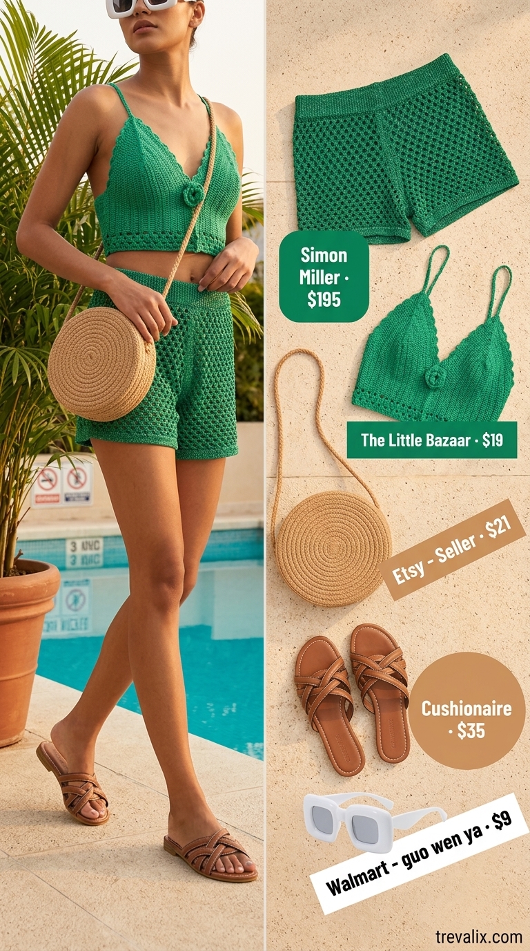 Vibrant Poolside Chic: Crochet Summer Outfits for Women 2026 Emerald green crochet bralette and shorts set with straw bag for crochet summer pool party outfits for women 2026.