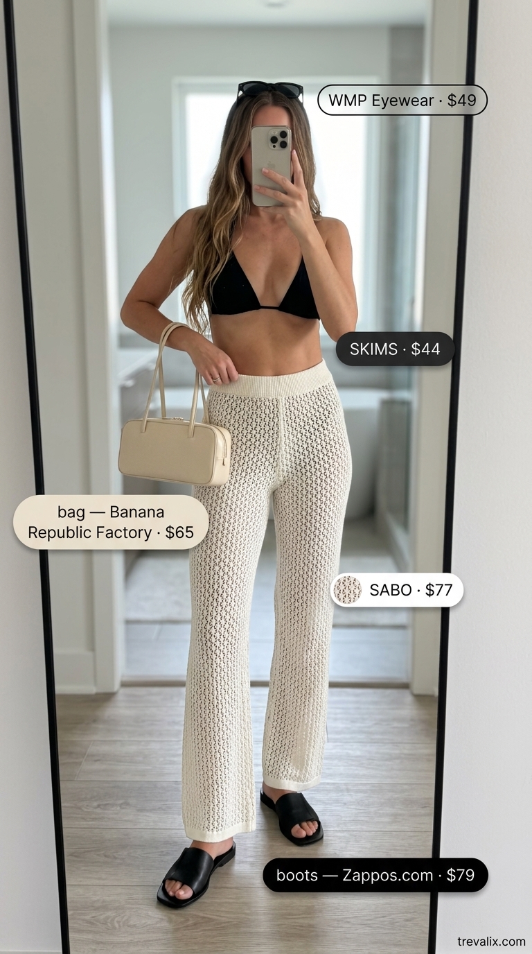 Crochet Summer Pool Party Outfits 2026: White Pants Chic white crochet pants outfit for crochet summer pool party outfits for women 2026. Features black bikini top, sandals, and sunglasses.