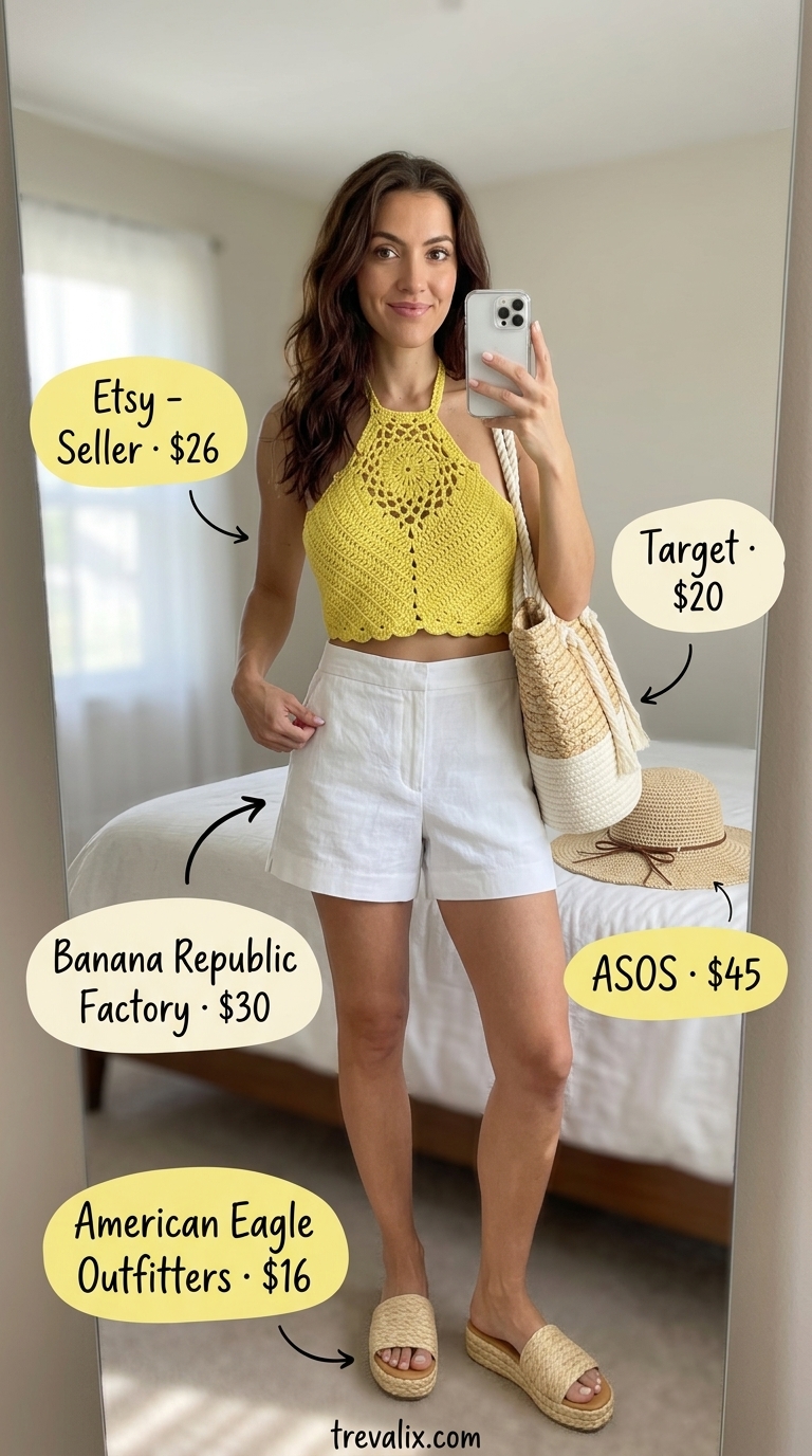 Crochet Summer Pool Party Outfits 2026: Yellow Crop Top Sunny yellow crochet halter crop top for crochet summer pool party outfits for women 2026. Effortless boho-luxe brunch look.